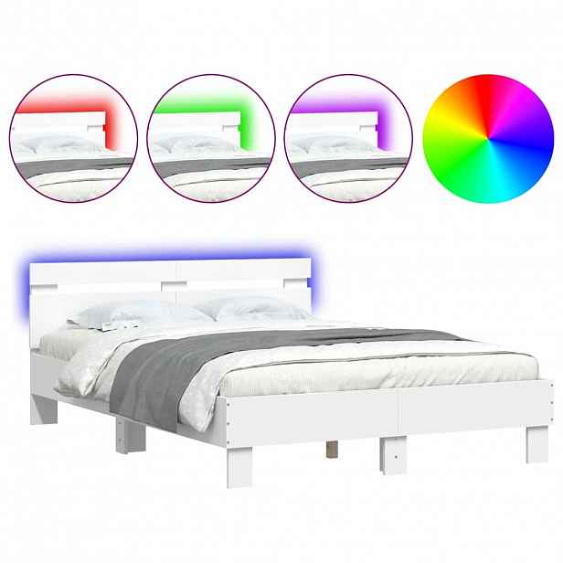 vidaXL Rám postele s čelem a LED osvětlením bílý 135 x 190 cm