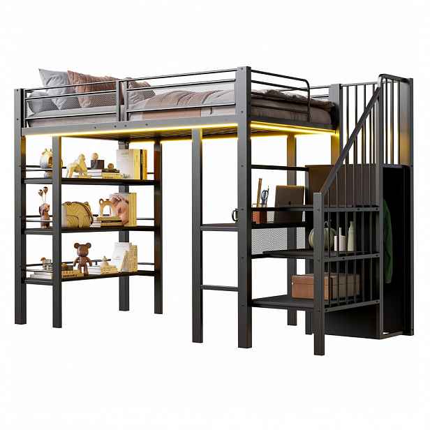 CHICFURN VYVÝŠENÁ POSTEL 90/200 cm v černé barvě s LED osvětlením, stolem a policemi