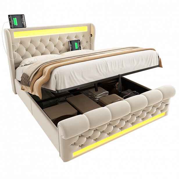 OKWISH ČALOUNĚNÁ postel 140/200 cm béžová ze sametu s LED osvětlením a úložným prostorem
