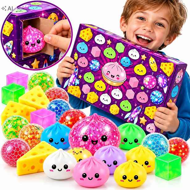 Velký adventní kalendář Squishy 24 dní, antistresový set s mačkacími prvky