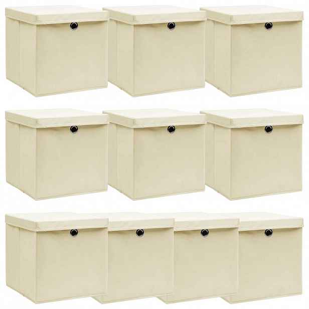 vidaXL Úložné boxy s víky 10 ks krémové 32 x 32 x 32 cm textil