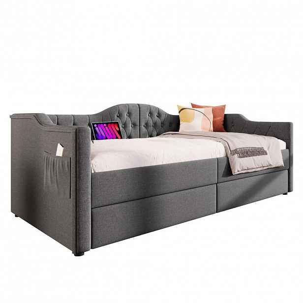 WISHDOR ČALOUNĚNÁ POSTEL 90/190 cm šedá len s 2 zásuvkami, USB portem a Type-C