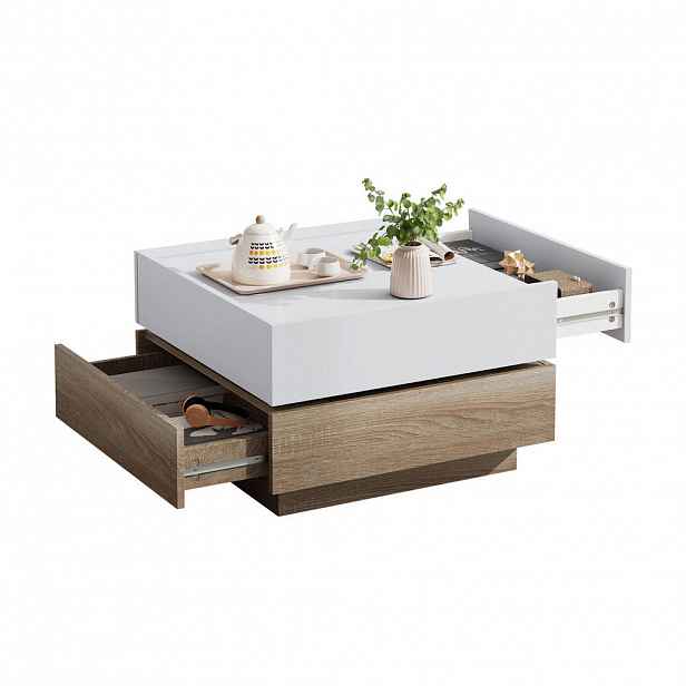 Modfu KONFERENČNÍ stolek z dřevotřísky 60x60x38 cm bílý/ořechový s 360° otočnou deskou a 2 zásuvkami