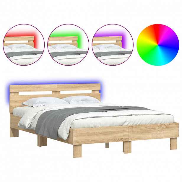 vidaXL Rám postele s čelem a LED osvětlením dub sonoma 135 x 190 cm