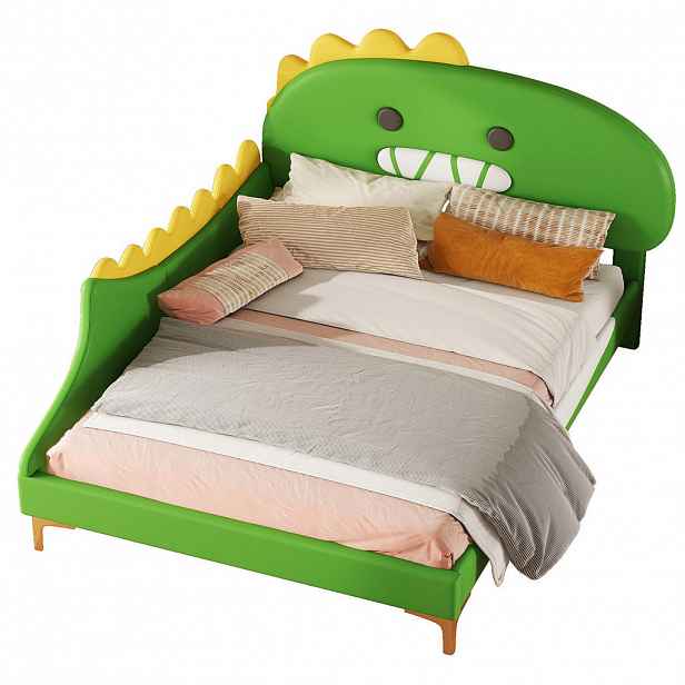 Modfu DĚTSKÁ postel z PU a MDF 140x200 cm zelená s dinosauřím designem, snadná údržba a 12 lamel