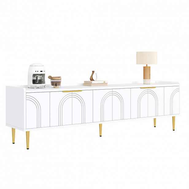 Modfu TV stolek z MDF 170x35x47,5 cm bílý se zlatými detaily, kabelovým průchodem a 3D dvířky