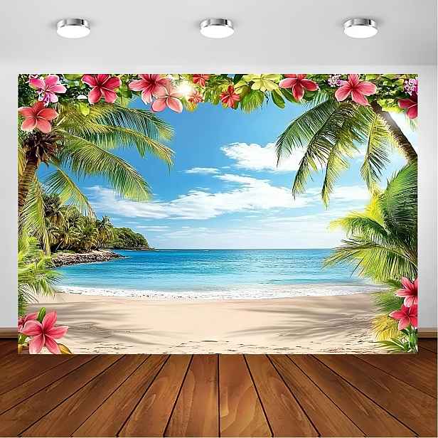 TEMU 1 ks Tropické plážové pozadí o rozměrech 179,83 x 229,87 cm s palmami a hibiskusovými květy. Tato barevná havajská dekorace je ideální pro