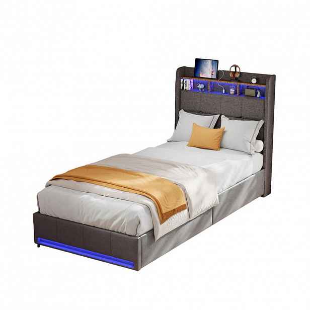 SHOPENTRA ČALOUNĚNÁ postel 90/200 cm šedý lněný LED USB zásuvky