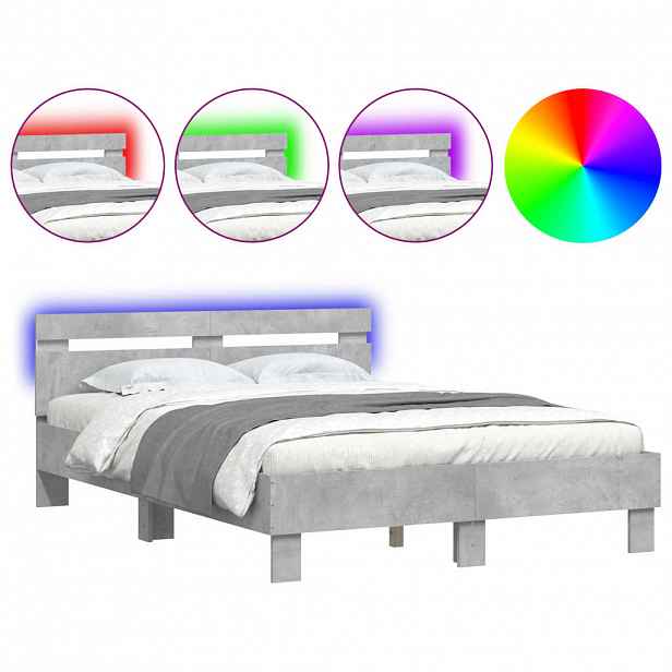 vidaXL Rám postele s čelem a LED osvětlením betonově šedý 135 x 190 cm