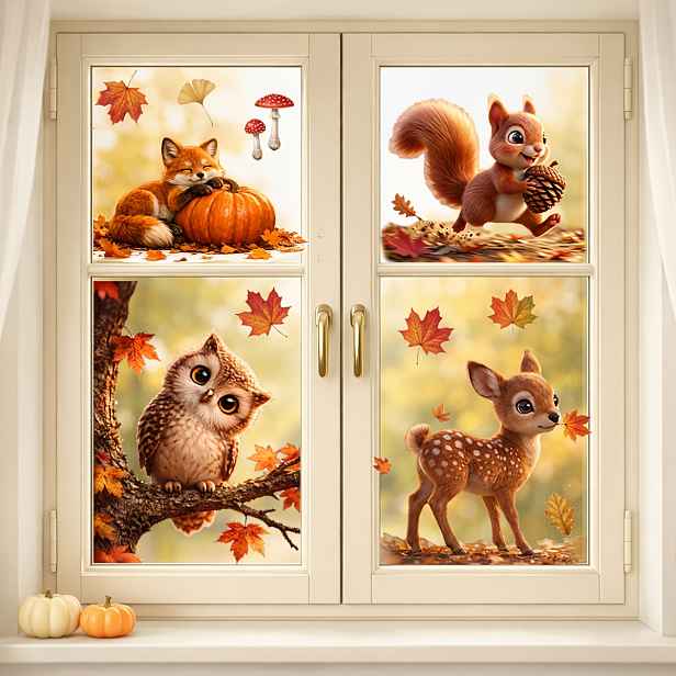 TEMU 4ks Bohémské samolepky na okna vhodné pro Den díkůvzdání a Halloween - Odnímatelné PVC samolepky bez lepidla s liškou, veverkou, jelenem, sovou,