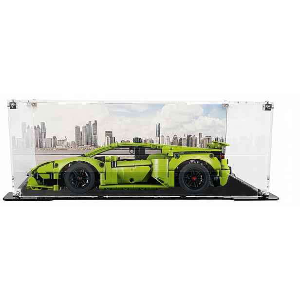 Vitrína s černou základnou a pozadím pro stavebnici Lego 42161 Lamborghini Huracán