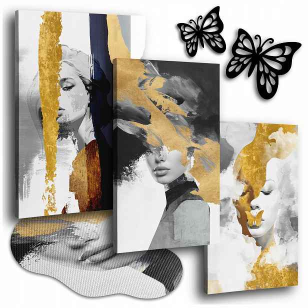 Obraz Na Plátně 120x50 cm Obrazy Do Obývacího Pokoje Triptych Zlaté Ženy Tváře 3x