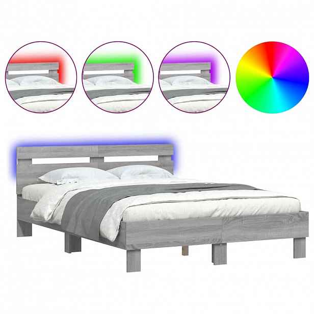 vidaXL Rám postele s čelem a LED osvětlením šedý sonoma 135 x 190 cm