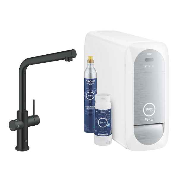 Baterie dřezová stojánková Grohe Blue Home s chladícím zařízením a filtrací, výpusť L velvet black - černá
