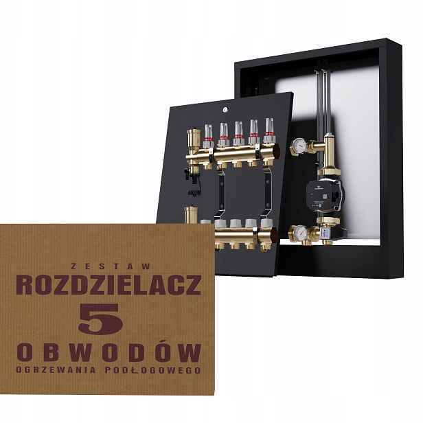 Rozdělovač pro podlahu 5 okruhů a čerpadlo Grundfos nástěnný černý