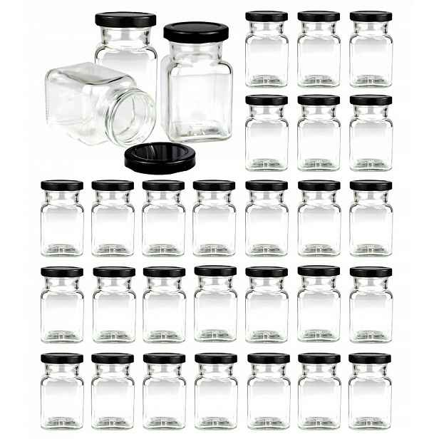 30 x nádobky sklenice na koření 150 ml s černým uzávěrem fi 53