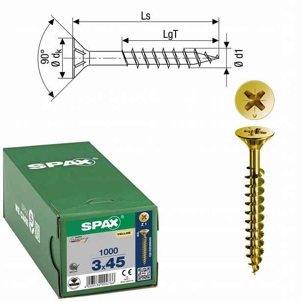 Univerzální šroub na dřevo (zlatý) Spax 3 x 45 mm Yello-x 1000 ks