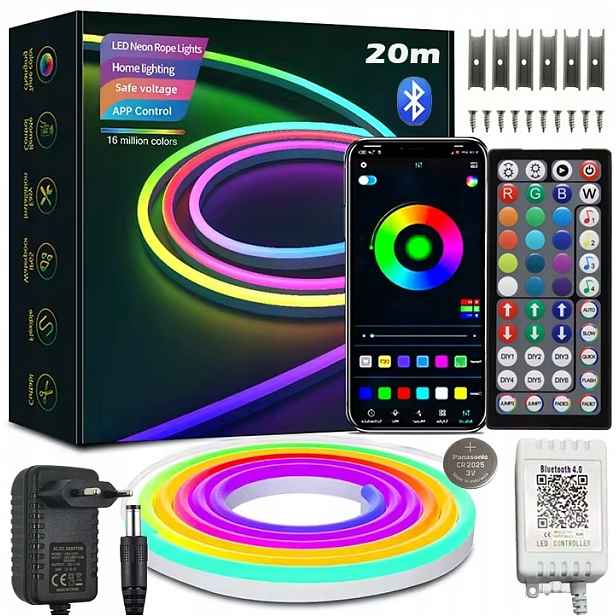 Led Pásek Neon 20M (2x10) Aplikace Bluetooth Rgb Dálkový Ovladač Ovladač 24V