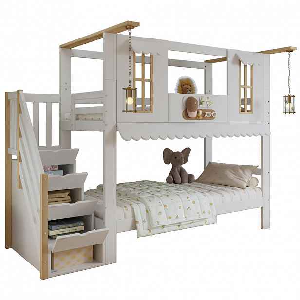 STILVORA ETAGENBETT 90/200 cm & 90/200 cm in Weiß & Natur Kinderbett mit Aufbewahrungstreppe und Stauraum