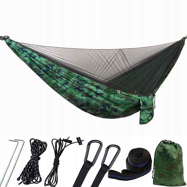 Outdoorová turistická houpací síť s vojenskou moskytiérou maskáč montážní sada