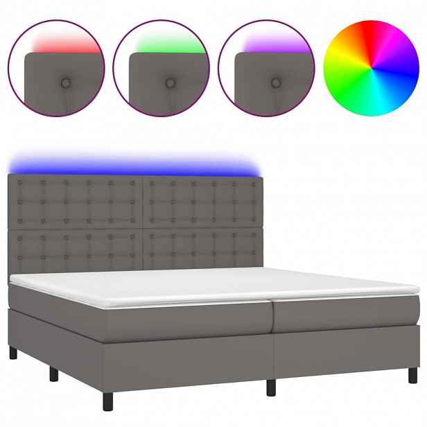 vidaXL Box spring postel s matrací a LED šedá 200x200 cm umělá kůže