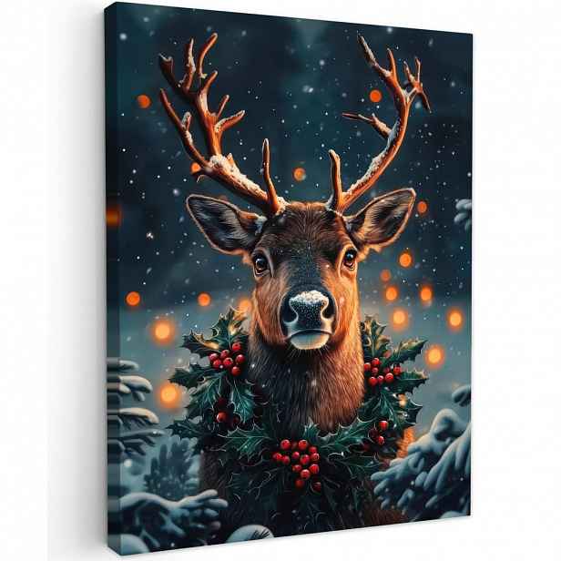 MuchoWow OBRAZ NA PLÁTNĚ Jelen - Vánoce - Zima - Sníh - Vánoční věnec 60x80 cm