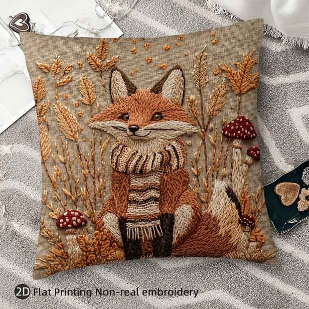 TEMU 1 ks 2D Tištěný Vintage Polštářový Povlak s Liškou a Houbami, 18x18 Palců, Krátký Plyšový , Bez Výšivky, Zipový Uzávěr, Pratelný v Pračce -