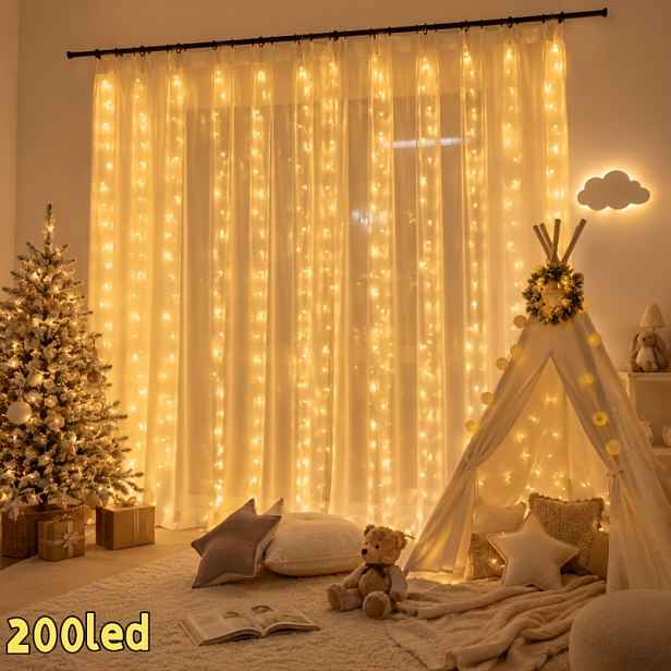 TEMU Závěsné LED světýlka 200/300, napájené bateriovou krabičkou s 8 blikajícími režimy, vnitřní řetězová světla pro ložnici, okno, svatbu, párty a