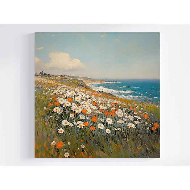 Obraz Na Plátně Canvas Krajina Moře Útes Louka Květiny Máky Sedmikrásky 50x50