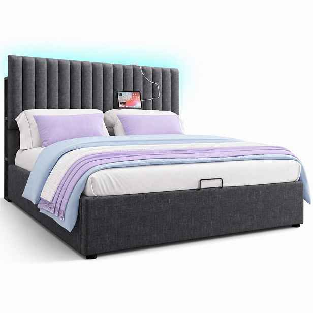 CHICFURN ČALOUNĚNÁ POSTEL 140/200 cm v šedé barvě s matrací, LED, USB a Type-C