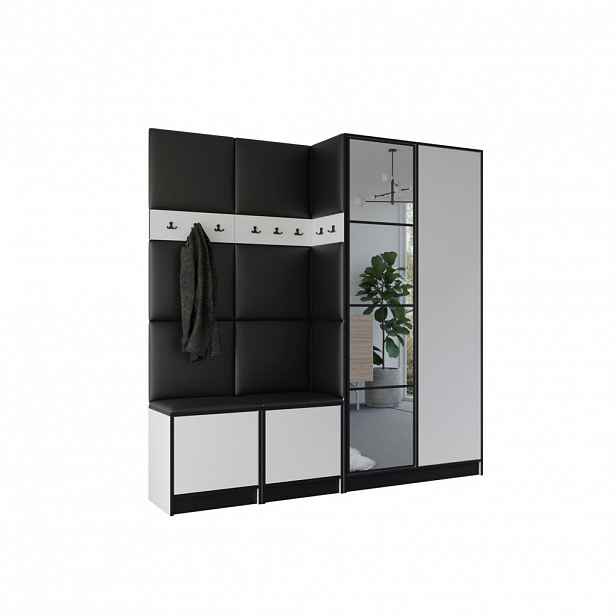 Kier Furniture ŠATNÍ SKŘÍŇ do předsíně EDEN 21 se zrcadlem - Bílá & Černá kůže