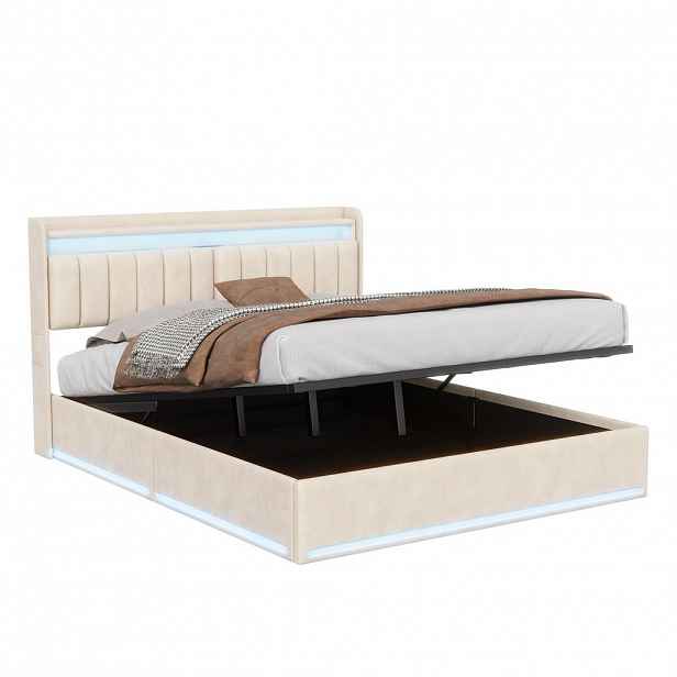 SHOPENTRA ČALOUNĚNÁ postel 160x200 cm béžový samet s USB úložným prostorem