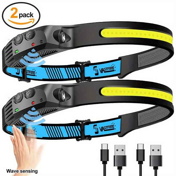 TEMU Vastfire 2Pack Headlamp Dobíjecí 1200mAh Čelovky pro Dospělé, 230 Úhlů Široký Paprsek Čelovka & Reflektor, Pohybový Senzor, 5 Režimů, Lehké