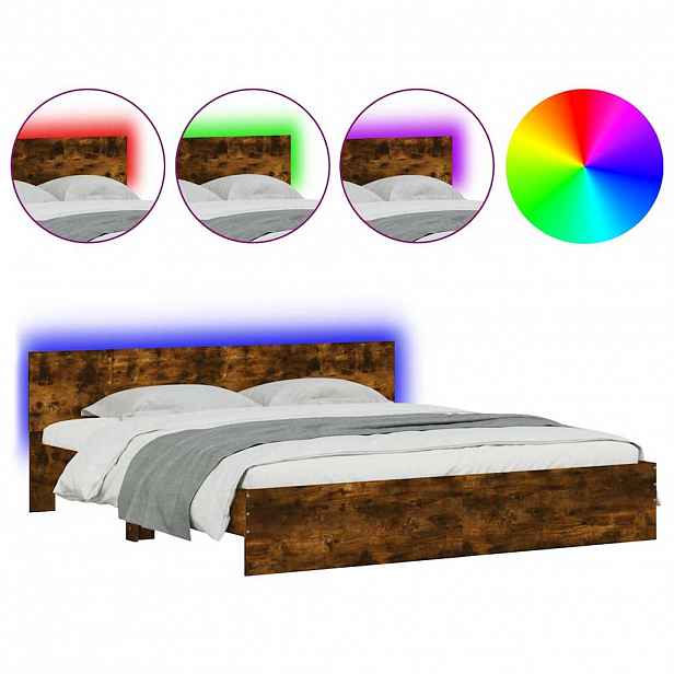 vidaXL Rám postele s čelem a LED osvětlením kouřový dub 200 x 200 cm