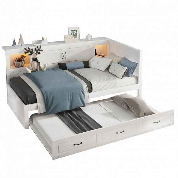 CHICFURN DĚTSKÁ POSTEL 90/200 cm v bílé barvě s výsuvným lůžkem, LED a USB