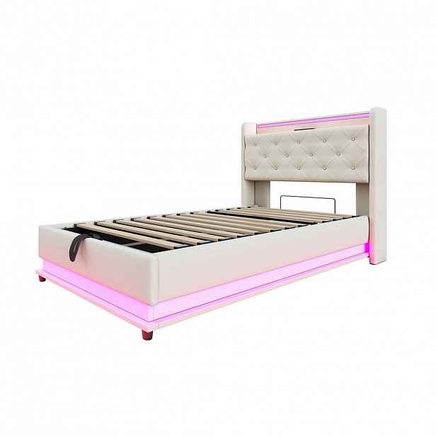 Modfu ČALOUNĚNÁ postel z len 90x200 cm béžová s LED osvětlením, USB a úložným prostorem