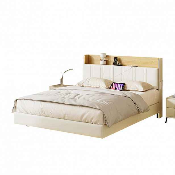 SHOPENTRA ČALOUNĚNÁ postel 160x200 cm bílá PU LED USB plovoucí postel