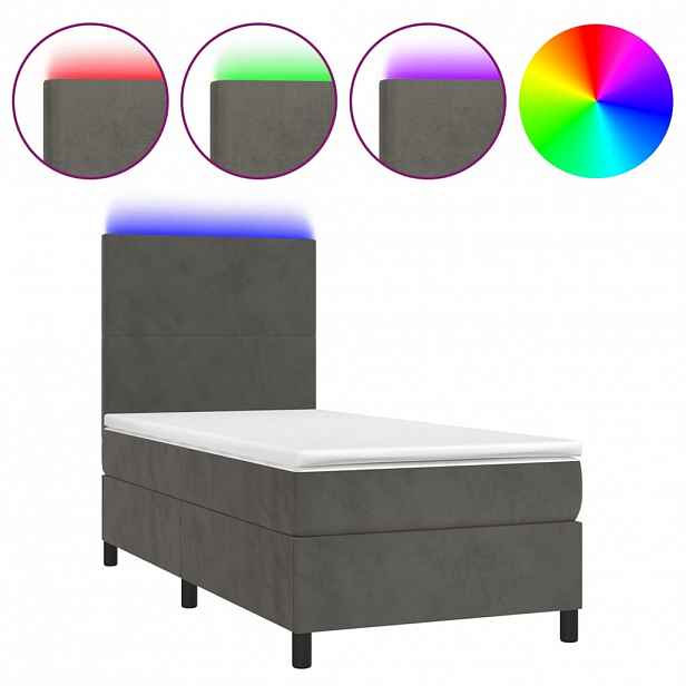 vidaXL Box spring postel s matrací a LED tmavě šedá 90x190 cm samet