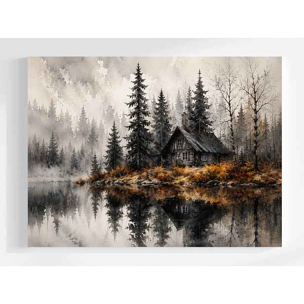 Obraz Na Plátně Canvas Les Stromy Jezero Chata Mlha Podzim Šedá 80x60