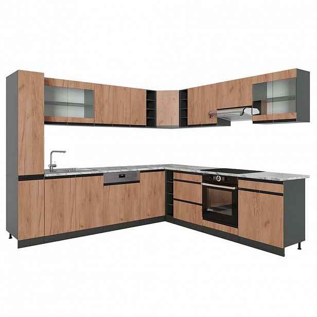 Vicco ROHOVÁ KUCHYŇ R-Line, Zlatý mocný dub/Antracit, 277 x 257 cm J-Shape, PD Mramor