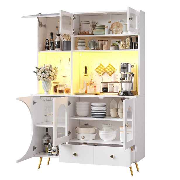 EVRYAE BUFFET LED, aplikace, zásuvky, pegboard, Soft Close, police na víno, půlkruhová dvířka, moderní