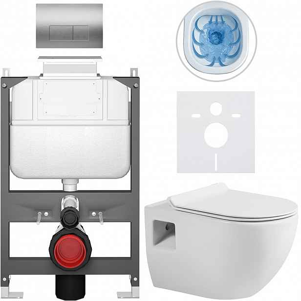 Kompletní WC set Basic/Dure - bílá lesklá - WC tlačítko Modulo/Stříbrná - ovládání shora - předstěnová instalace - 51x35 cm