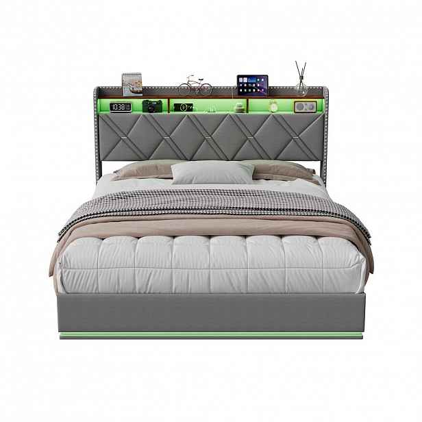 SHOPENTRA ČALOUNĚNÁ postel 140x200, šedé lněné plátno, hydraulický úložný prostor, RGB osvětlení, USB