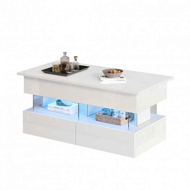 OKWISH KONFERENČNÍ stolek 120/50/46 cm bílý z MDF a akrylu s výklopnou deskou, LED a 2 zásuvkami