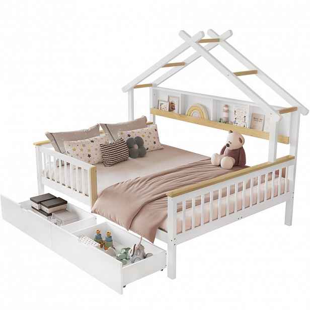 OKWISH DĚTSKÁ postel 140/200 cm bílá/přírodní z borovice a MDF se stříškou zábranou a 2 zásuvkami