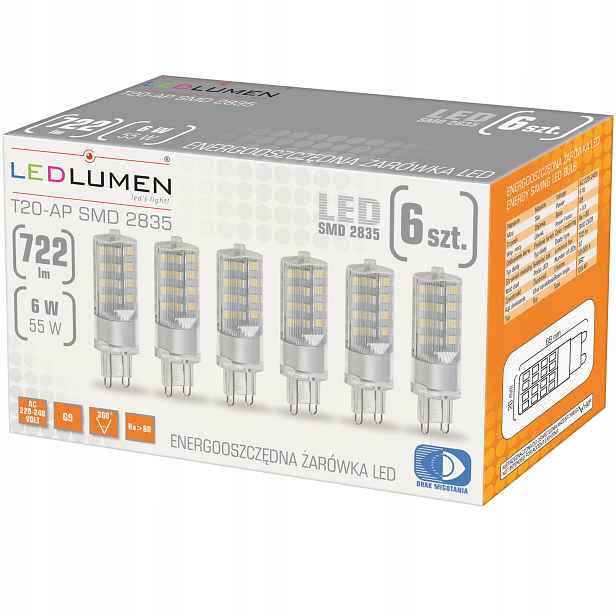 Sada 6x Led žárovka G9 6W=55W Smd 722lm 360° Halogen Silná Bez blikání