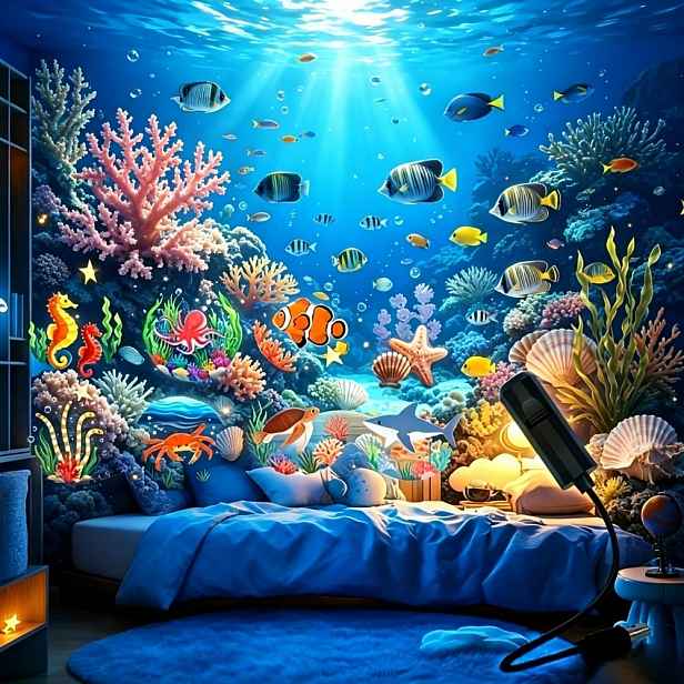 TEMU USB Projekční Noční Světlo s Oceánské Krajiny Snů, Kreativní LED Náladové Světlo, Přenosná Lampa k Posteli - Obsahuje 10 Projekčních Vzorů