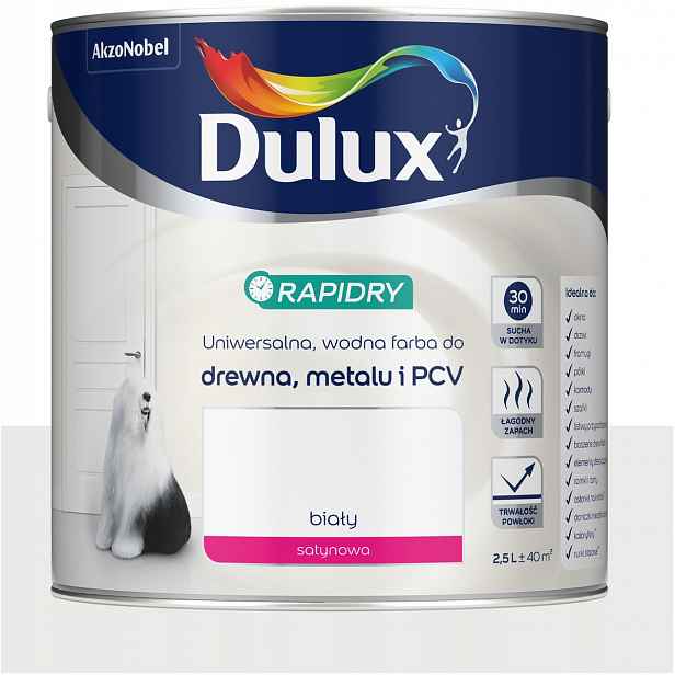 Dulux Rapidry Rychleschnoucí barva na dřevo a kov Bílá Saténová 2,5L