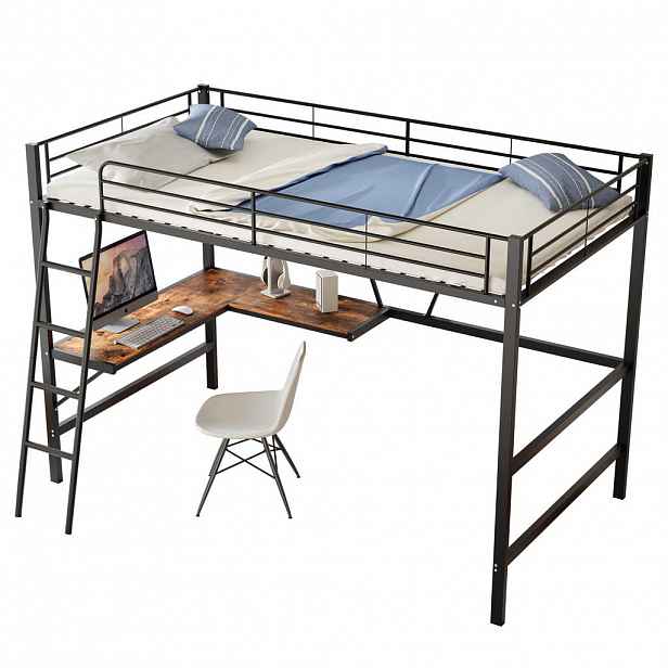 CHICFURN VYVÝŠENÁ POSTEL 90/200 cm v černé barvě s psacím stolem a policí