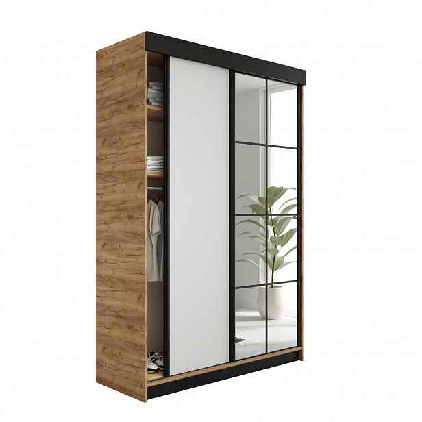 Kier Furniture POSUVNÁ ŠATNÍ SKŘÍŇ LAMARO - 138x205x59 - Dub Craft & Bílá